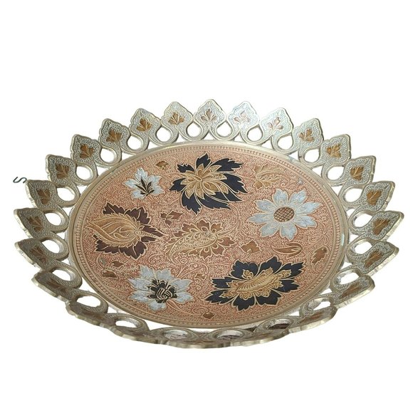 Vtg Enamel & Brass Pedestal Bowl Tray Floral Design Solid Cut 10" Made in India - Picture 1 of 14